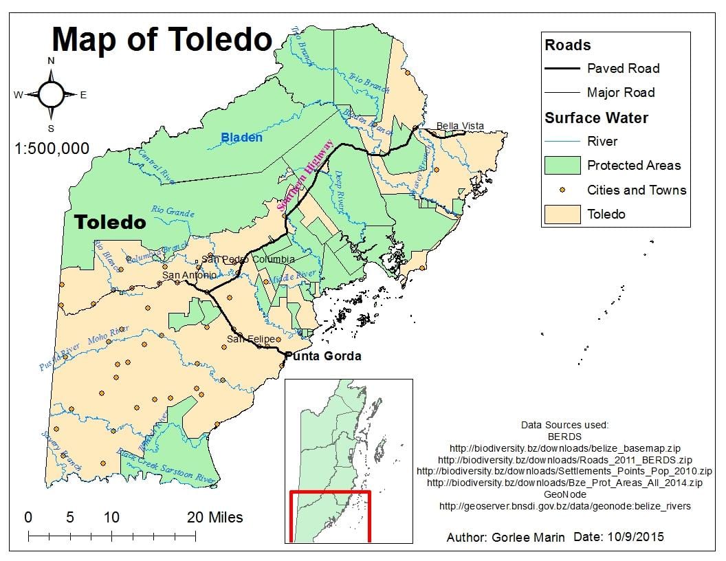 žemėlapis toledo rajono Belizas